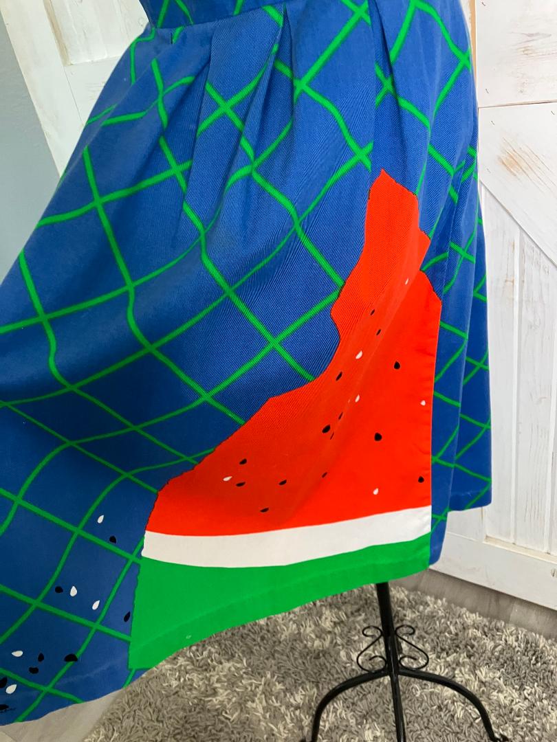 70's Vintage Malia Honolulu Blue Green Red Watermelon Novelty Print Hawaiian Midi Sundress Dress *Flaw
