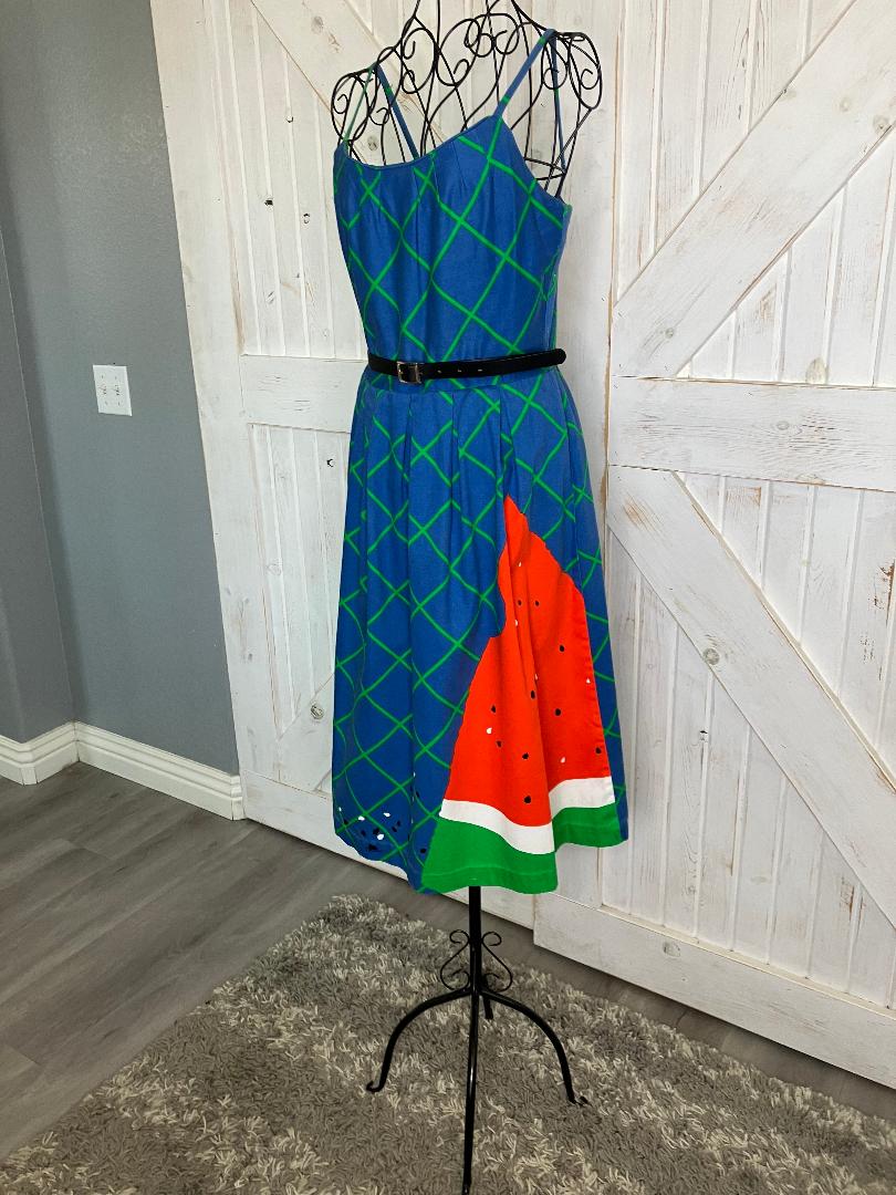 70's Vintage Malia Honolulu Blue Green Red Watermelon Novelty Print Hawaiian Midi Sundress Dress *Flaw