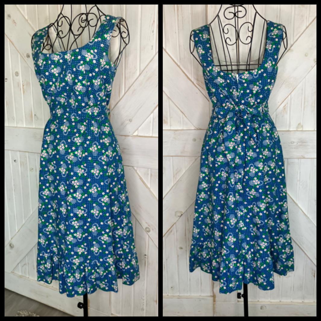70's Vintage Malia Honolulu Teal Blue Green Red White Polka Dot Calico Hawaiian Sundress Dress