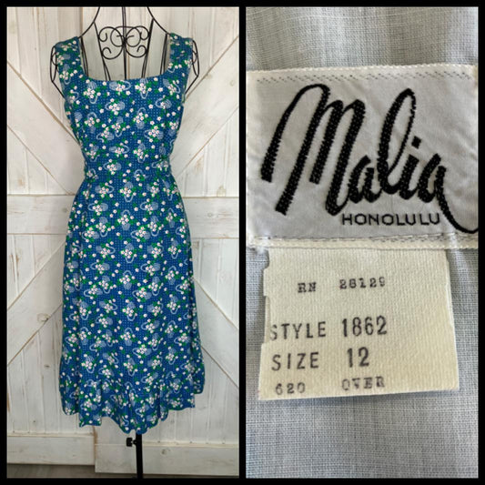 70's Vintage Malia Honolulu Teal Blue Green Red White Polka Dot Calico Hawaiian Sundress Dress