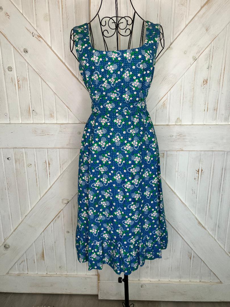 70's Vintage Malia Honolulu Teal Blue Green Red White Polka Dot Calico Hawaiian Sundress Dress
