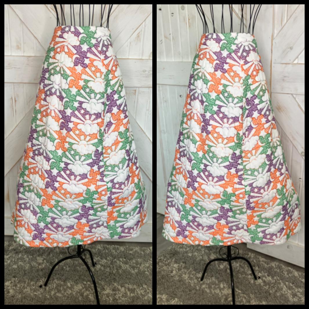 60's Vintage Handmade Embroidered Quilted White Purple Green Orange Hippie Sun Moon Cloud Stars Novelty Print Midi Skirt