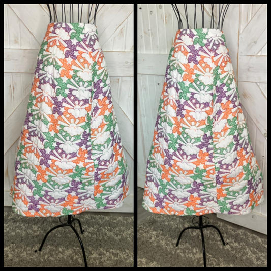 60's Vintage Handmade Embroidered Quilted White Purple Green Orange Hippie Sun Moon Cloud Stars Novelty Print Midi Skirt