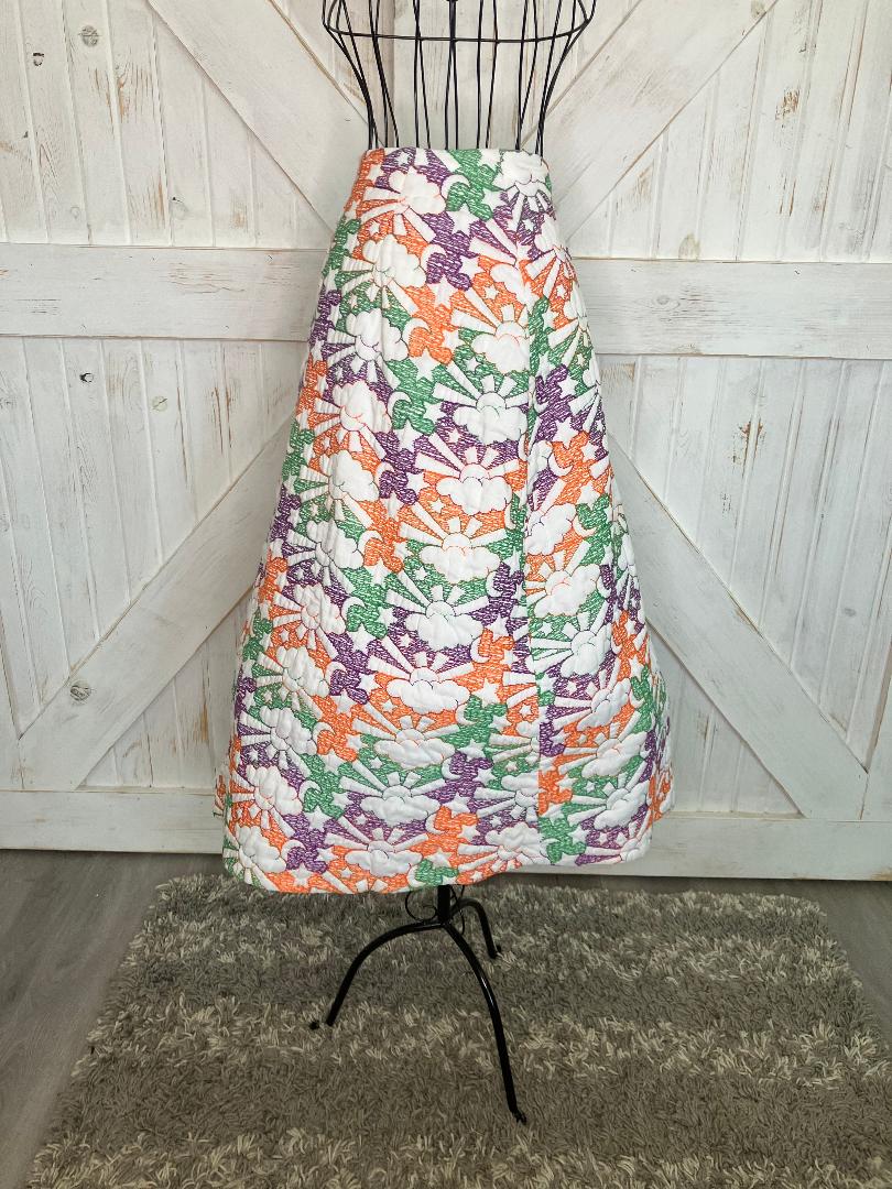 60's Vintage Handmade Embroidered Quilted White Purple Green Orange Hippie Sun Moon Cloud Stars Novelty Print Midi Skirt