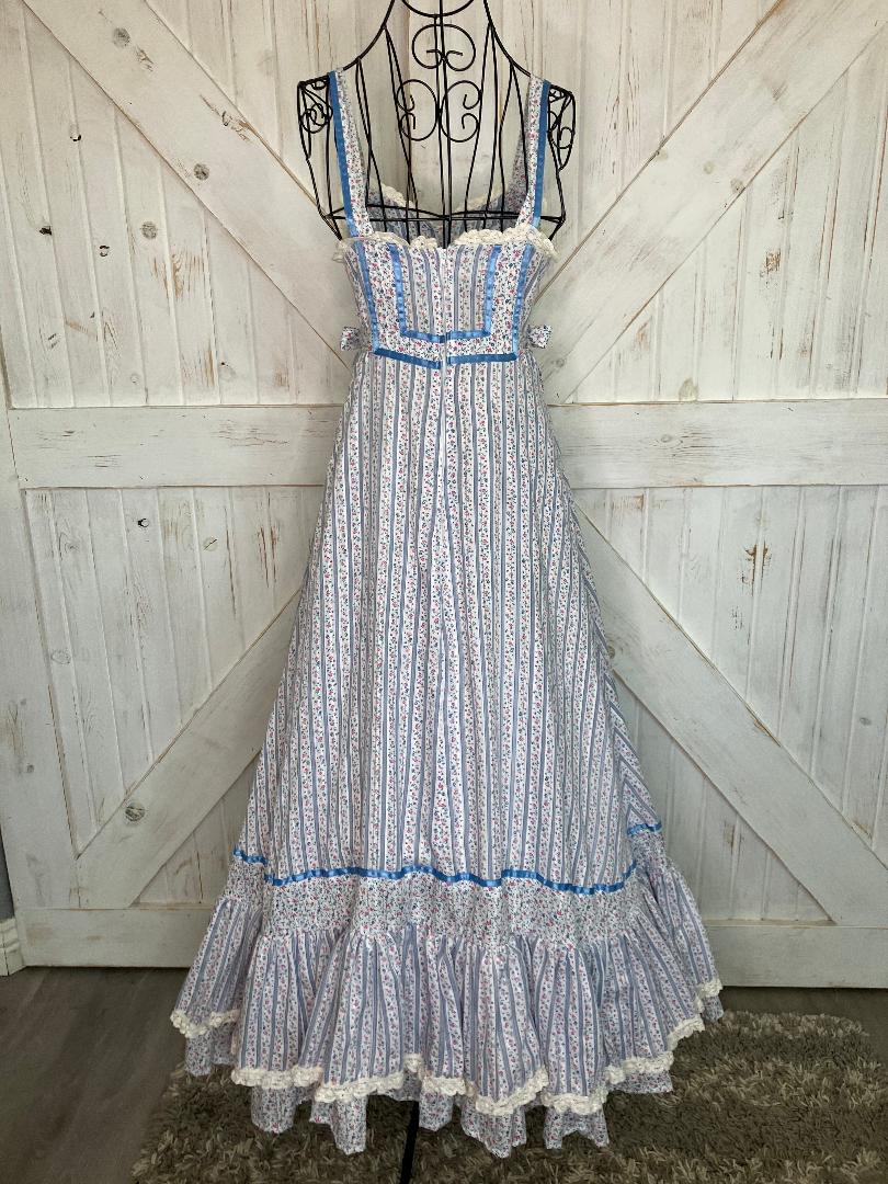 70's Vintage Handmade Gunne Sax STYLE from Pattern Prairie Sweetheart Blue White Stripe Calico Sundress Maxi Dress