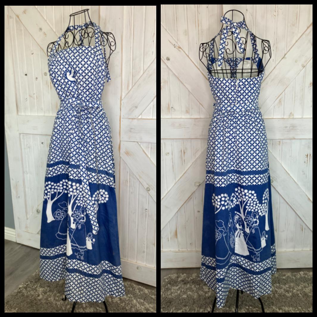70's Vintage Malia Honolulu Blue White Prairie Girl Peace Dove Halter Hawaiian Sundress Maxi Dress *Flaws