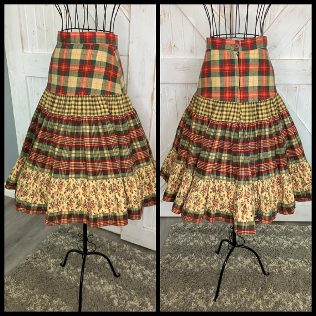 70's Vintage Mongomery Ward Gunne Sax STYLE Plaid Red Green Yellow Beige Rose Calico Prairie Midi Skirt
