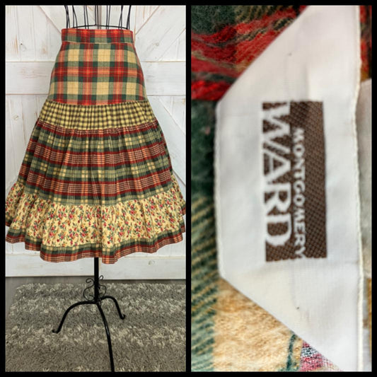 70's Vintage Mongomery Ward Gunne Sax STYLE Plaid Red Green Yellow Beige Rose Calico Prairie Midi Skirt