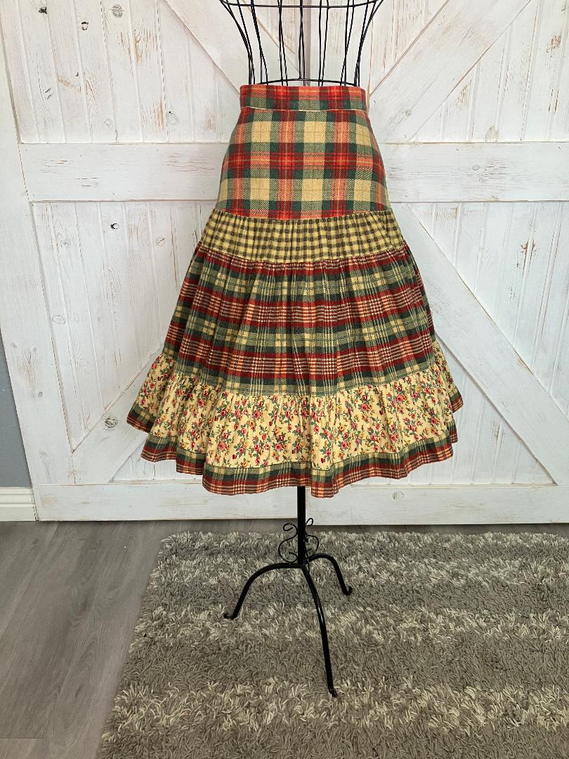70's Vintage Mongomery Ward Gunne Sax STYLE Plaid Red Green Yellow Beige Rose Calico Prairie Midi Skirt