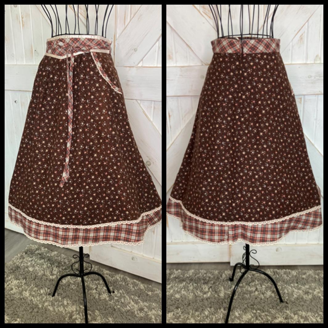 70's Vintage Gunne Sax Jessica's Gunnies Brown Calico Plaid White Polka Dot Flannel Prairie Midi Skirt 9
