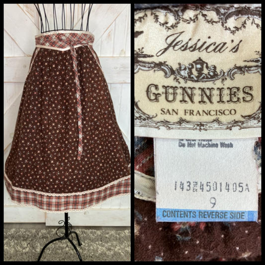 70's Vintage Gunne Sax Jessica's Gunnies Brown Calico Plaid White Polka Dot Flannel Prairie Midi Skirt 9