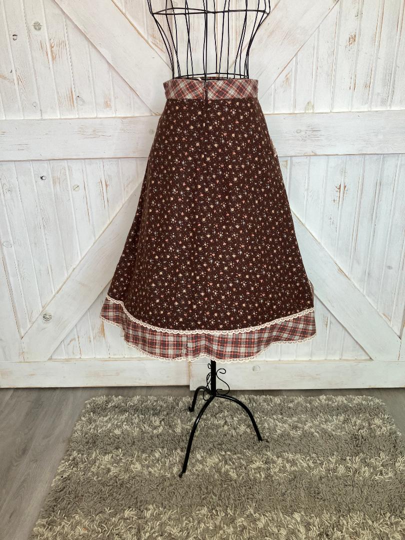 70's Vintage Gunne Sax Jessica's Gunnies Brown Calico Plaid White Polka Dot Flannel Prairie Midi Skirt 9
