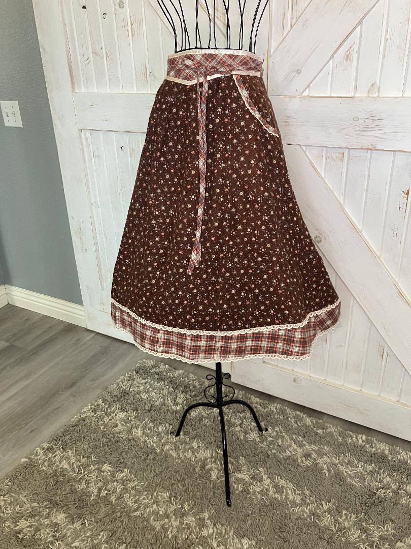 70's Vintage Gunne Sax Jessica's Gunnies Brown Calico Plaid White Polka Dot Flannel Prairie Midi Skirt 9