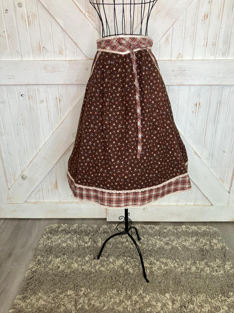 70's Vintage Gunne Sax Jessica's Gunnies Brown Calico Plaid White Polka Dot Flannel Prairie Midi Skirt 9