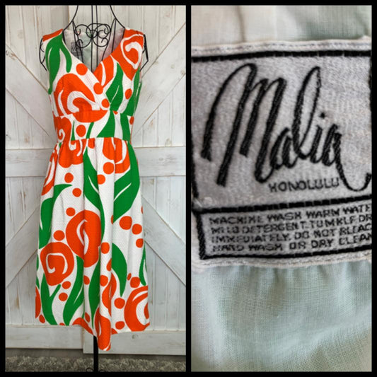 70's Vintage Malia Honolulu Orange White Green Atomic Hawaiian Sundress Midi Dress