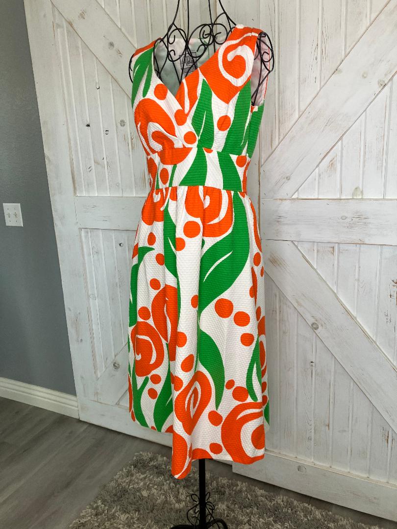 70's Vintage Malia Honolulu Orange White Green Atomic Hawaiian Sundress Midi Dress