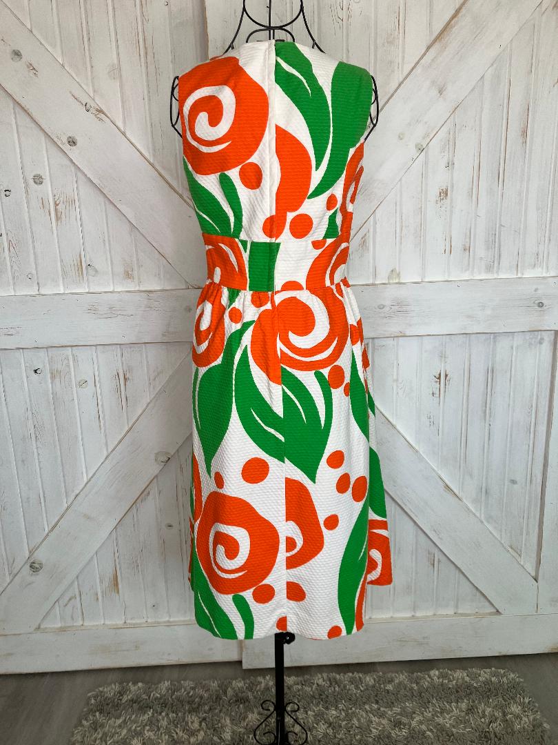 70's Vintage Malia Honolulu Orange White Green Atomic Hawaiian Sundress Midi Dress