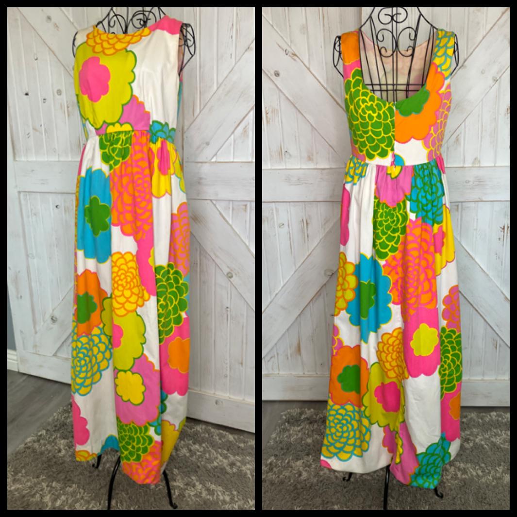 70's Vintage Malia Honolulu Neon Yellow Pink Orange Blue Psychedelic Hawaiian Hostess Sundress Maxi Dress