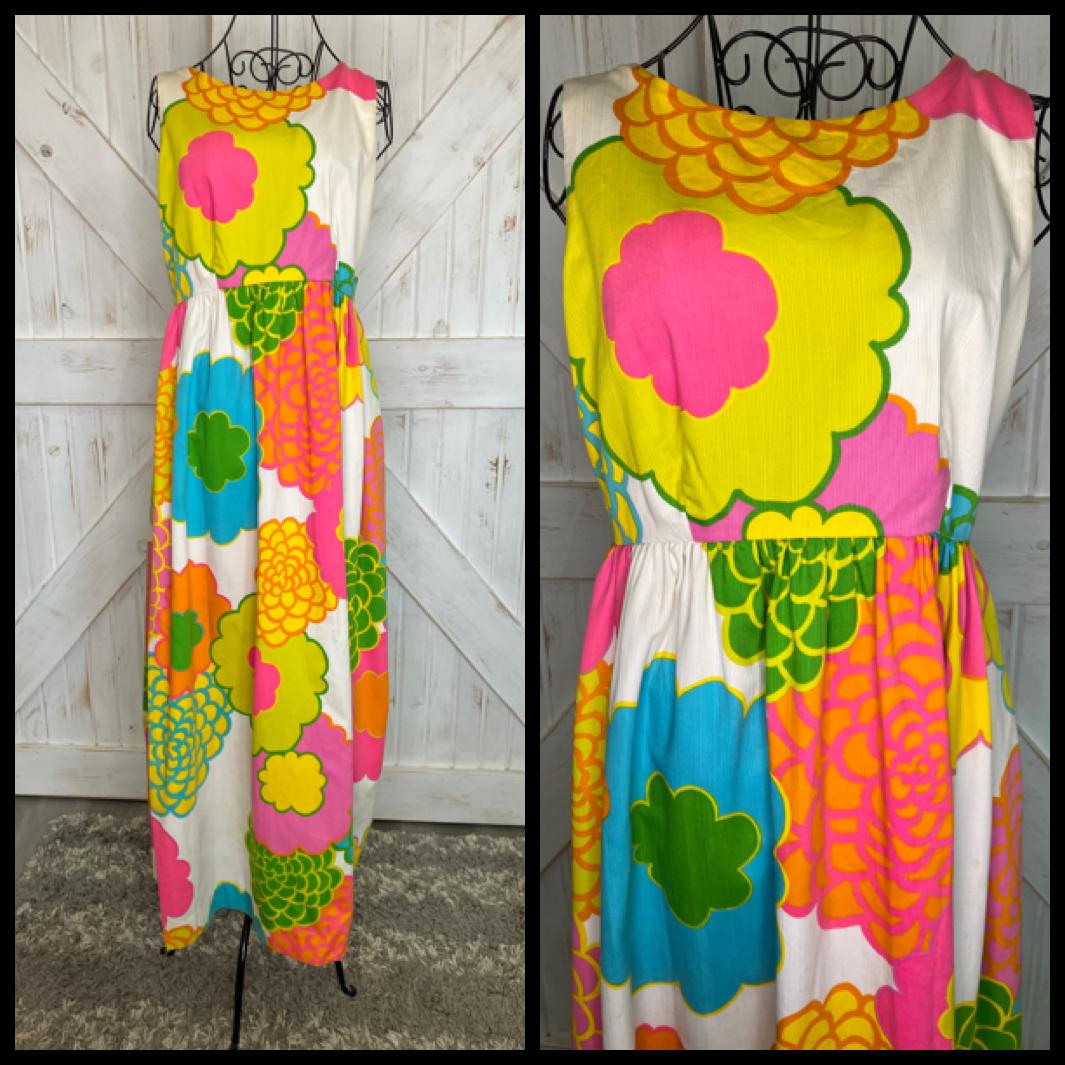 70's Vintage Malia Honolulu Neon Yellow Pink Orange Blue Psychedelic Hawaiian Hostess Sundress Maxi Dress