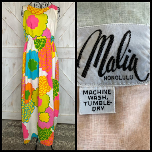 70's Vintage Malia Honolulu Neon Yellow Pink Orange Blue Psychedelic Hawaiian Hostess Sundress Maxi Dress
