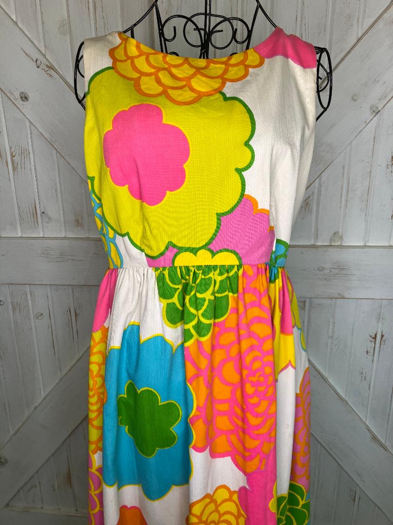 70's Vintage Malia Honolulu Neon Yellow Pink Orange Blue Psychedelic Hawaiian Hostess Sundress Maxi Dress