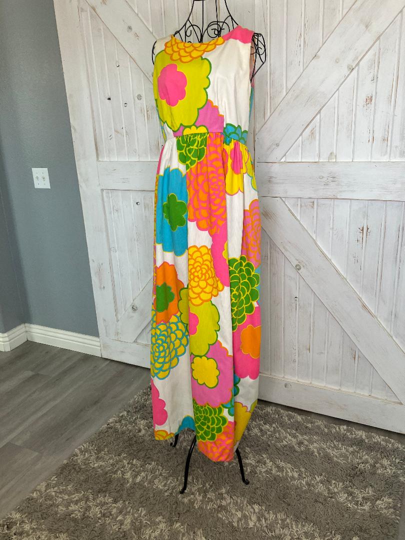 70's Vintage Malia Honolulu Neon Yellow Pink Orange Blue Psychedelic Hawaiian Hostess Sundress Maxi Dress
