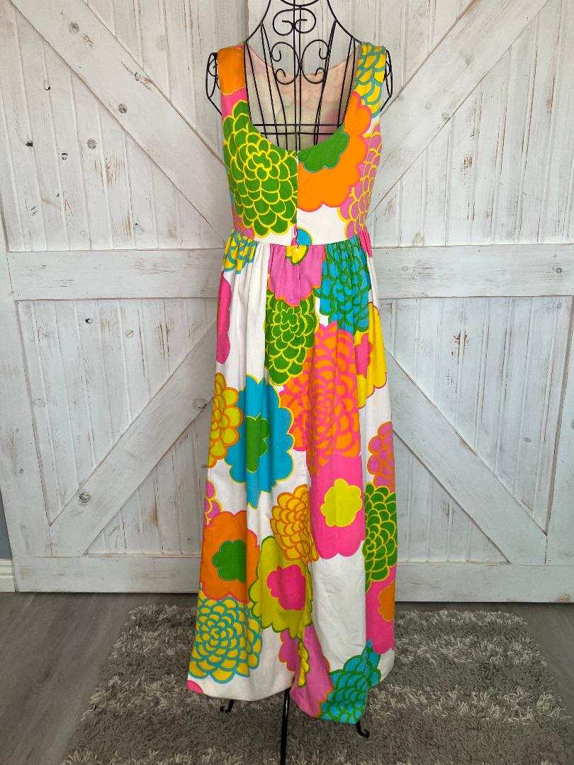 70's Vintage Malia Honolulu Neon Yellow Pink Orange Blue Psychedelic Hawaiian Hostess Sundress Maxi Dress