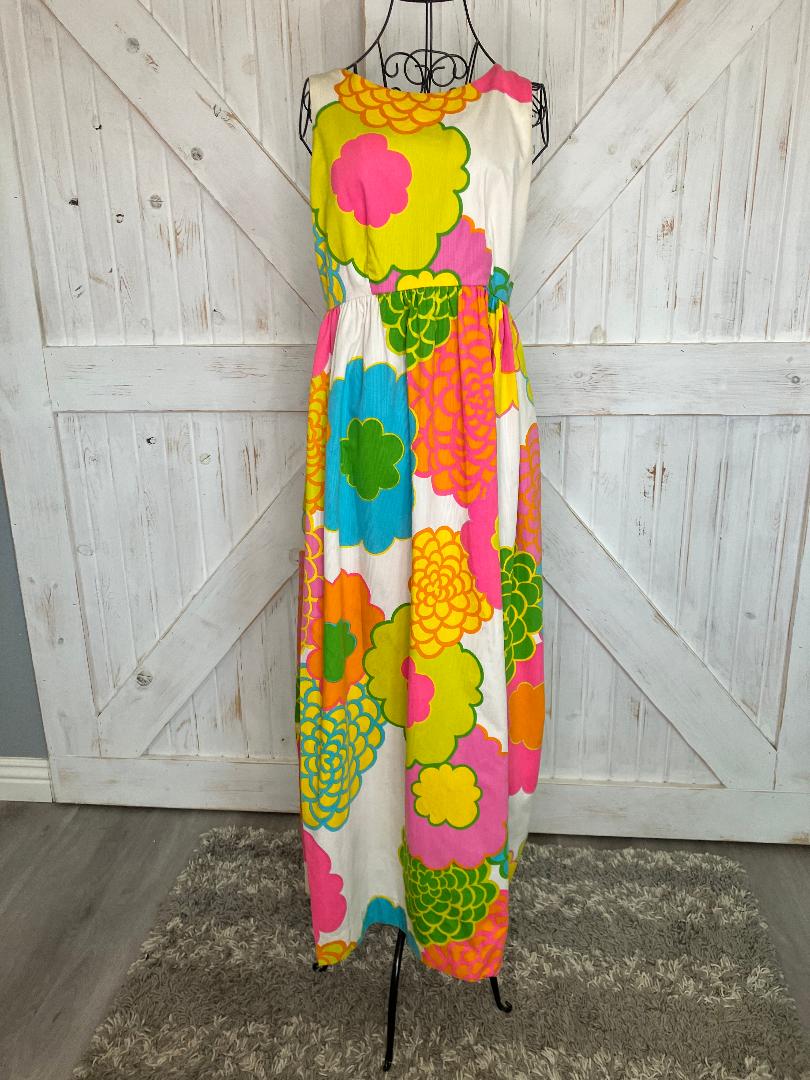 70's Vintage Malia Honolulu Neon Yellow Pink Orange Blue Psychedelic Hawaiian Hostess Sundress Maxi Dress