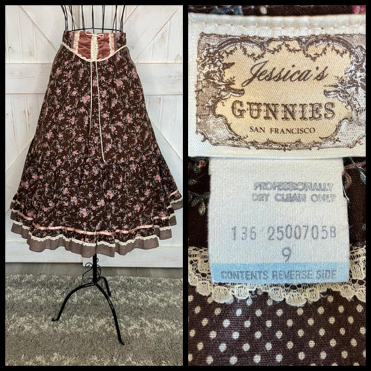 70's Vintage Gunne Sax Jessica's Gunnies Brown Pink Green Calico White Polka Dot Velvet Corset Waist Prairie Midi Skirt 9