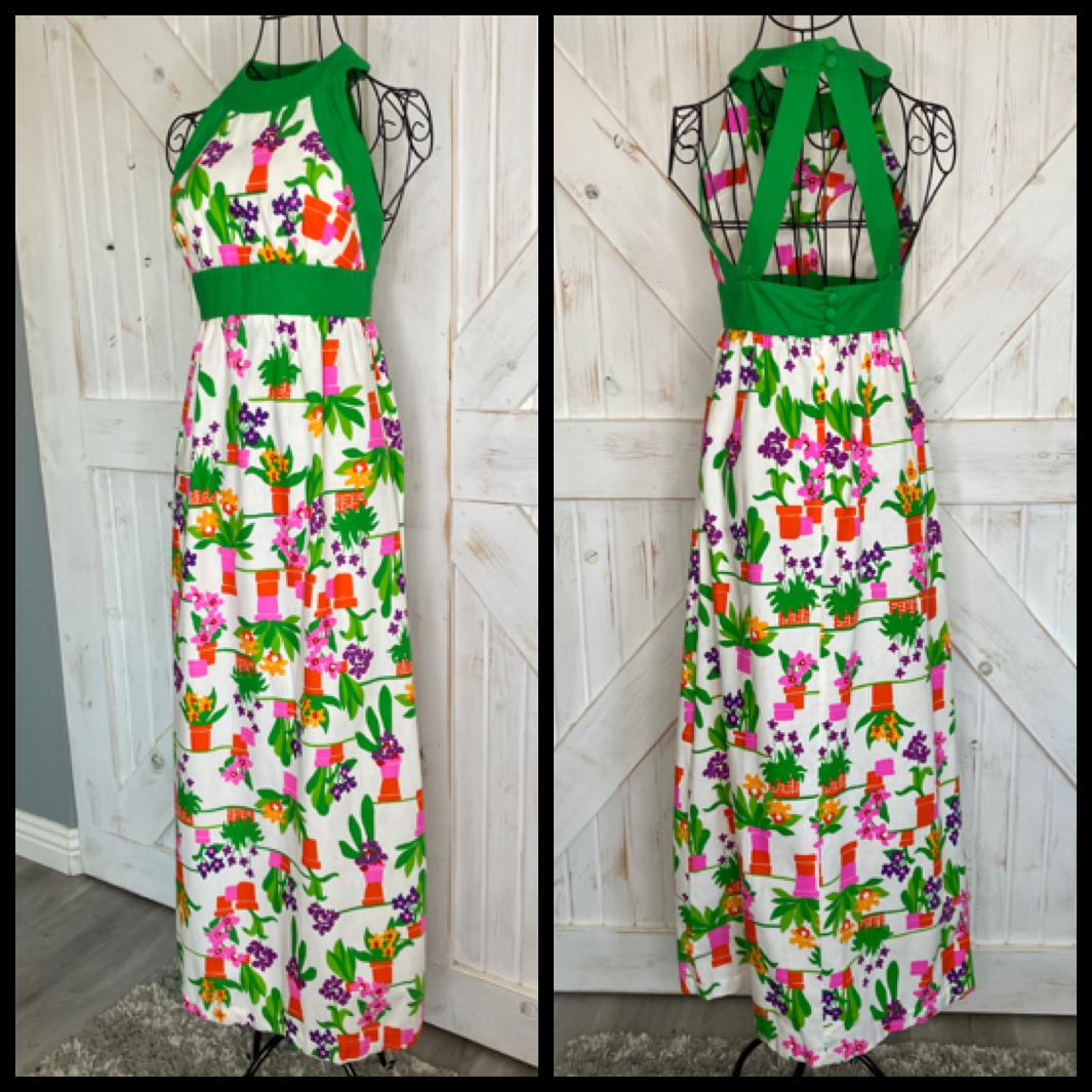 70's Vintage Malia Honolulu Flower Pot Green Pink Rainbow Hawaiian Hostess Halter Maxi Sundress Dress