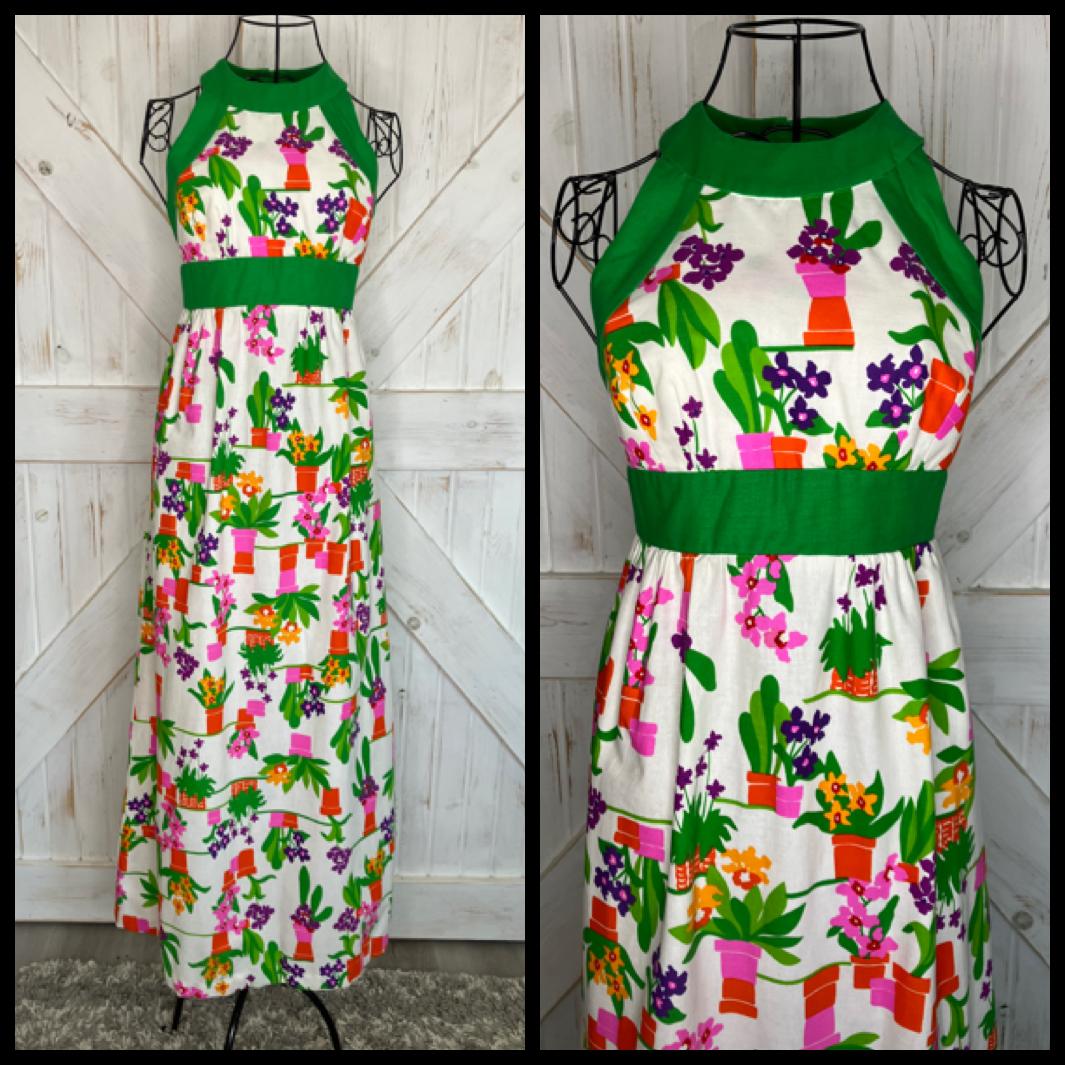 70's Vintage Malia Honolulu Flower Pot Green Pink Rainbow Hawaiian Hostess Halter Maxi Sundress Dress