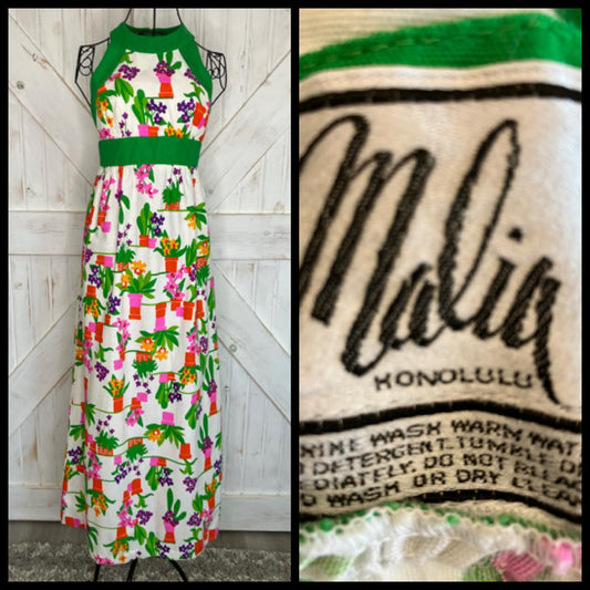 70's Vintage Malia Honolulu Flower Pot Green Pink Rainbow Hawaiian Hostess Halter Maxi Sundress Dress