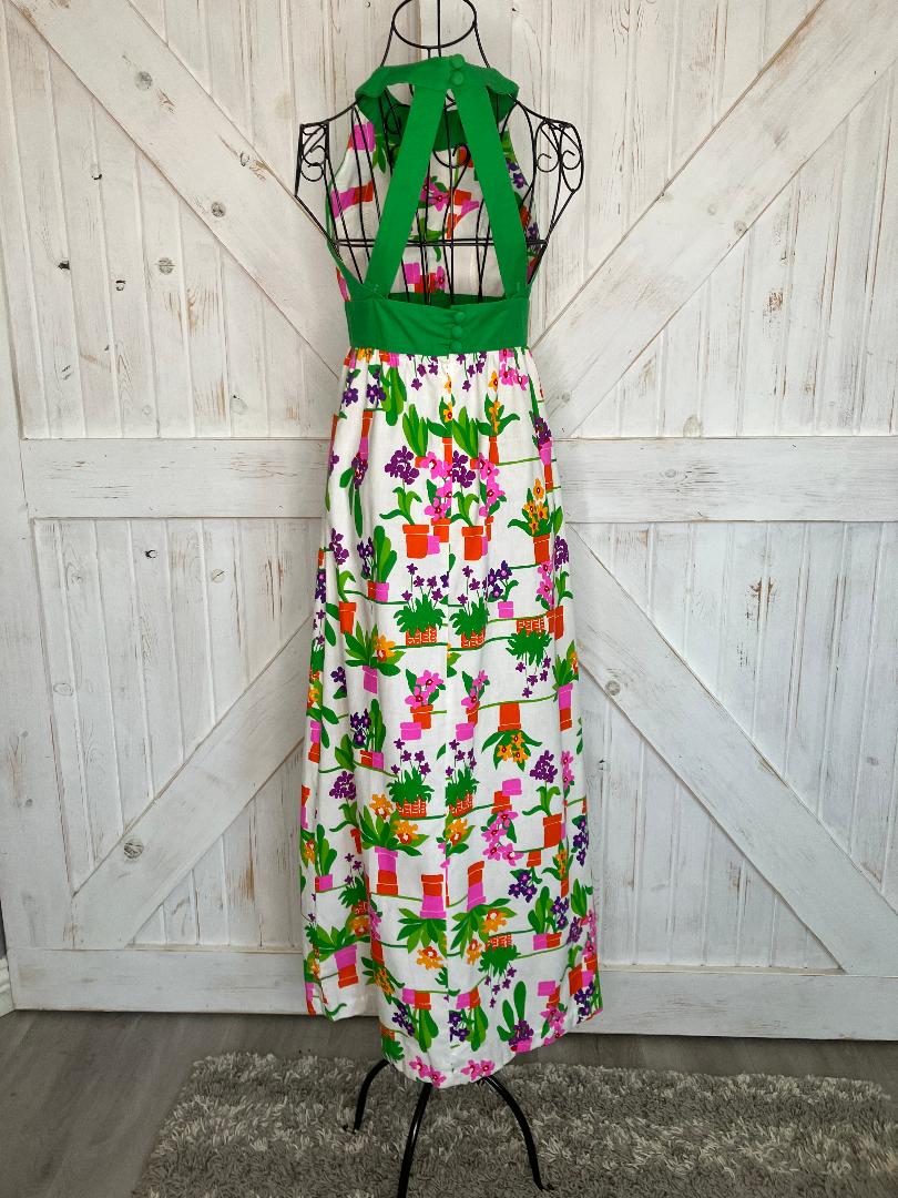 70's Vintage Malia Honolulu Flower Pot Green Pink Rainbow Hawaiian Hostess Halter Maxi Sundress Dress