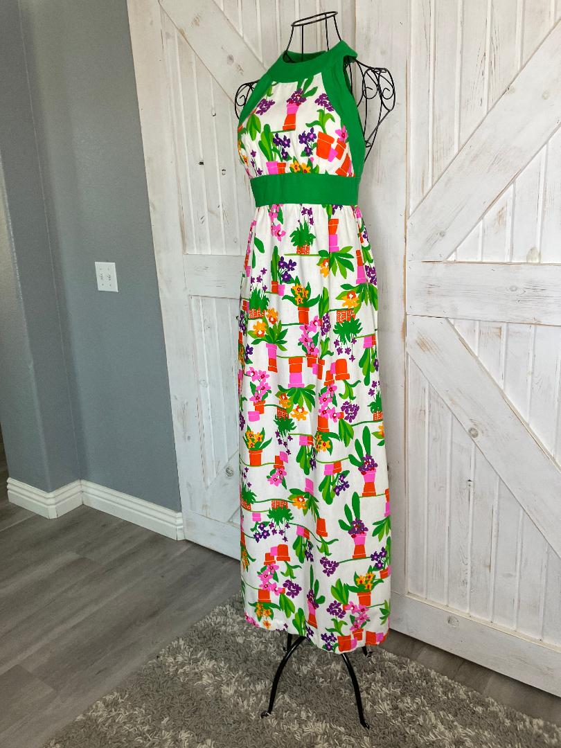 70's Vintage Malia Honolulu Flower Pot Green Pink Rainbow Hawaiian Hostess Halter Maxi Sundress Dress