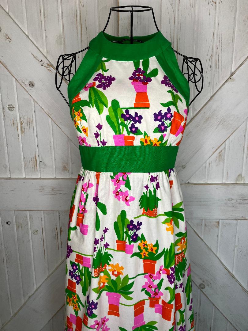 70's Vintage Malia Honolulu Flower Pot Green Pink Rainbow Hawaiian Hostess Halter Maxi Sundress Dress