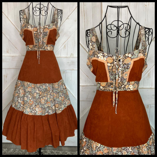70's Vintage Gunne Sax STYLE Orange Gray Calico Sweetheart Corset Prairie Sundress Midi Dress