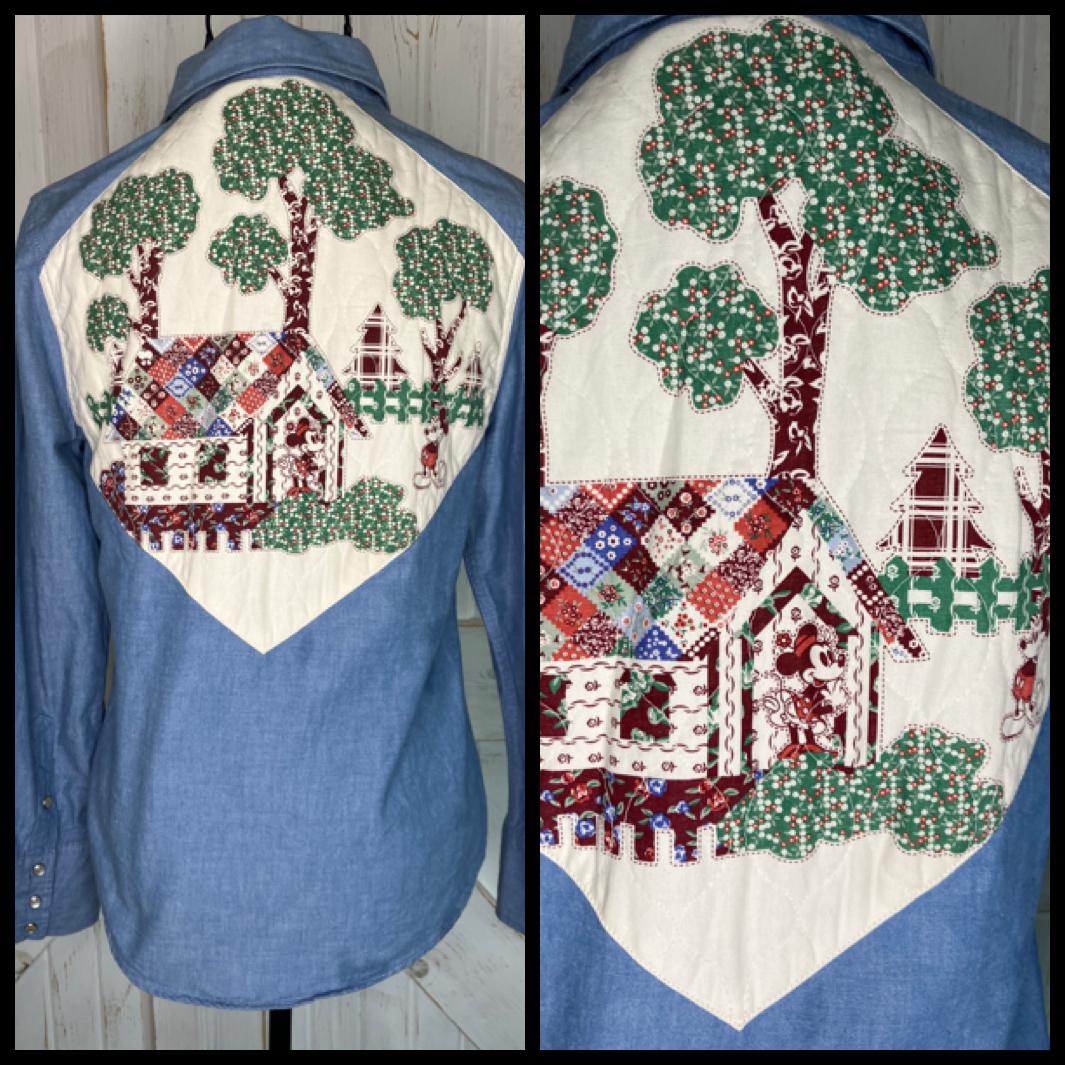 Y2K Vintage Beams Boy Japan x Walt Disney Chambray Denim Western Patchwork Mickey Minnie Mouse Pearl Snap Blouse Top