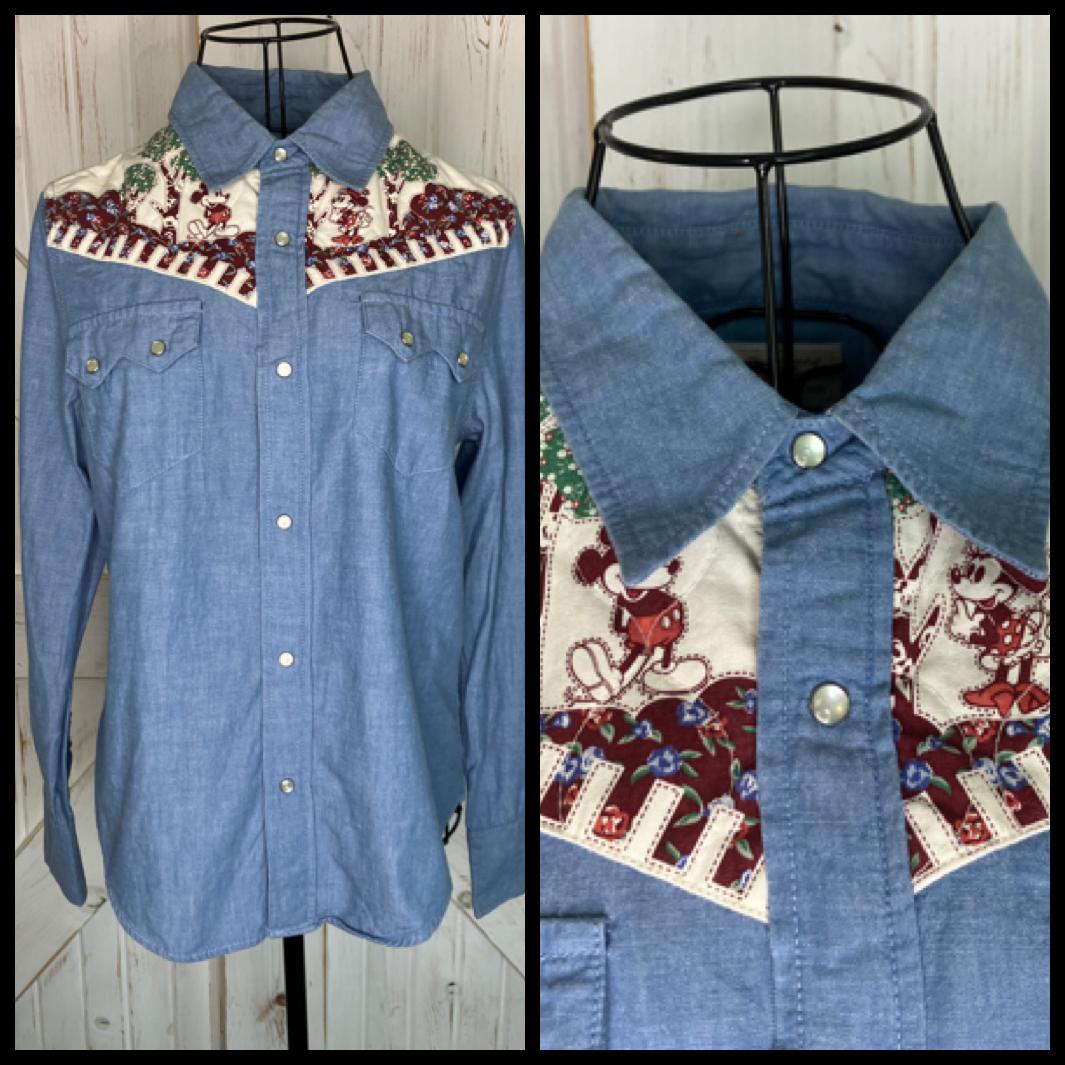 Y2K Vintage Beams Boy Japan x Walt Disney Chambray Denim Western Patchwork Mickey Minnie Mouse Pearl Snap Blouse Top