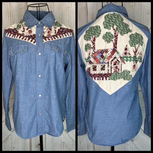 Y2K Vintage Beams Boy Japan x Walt Disney Chambray Denim Western Patchwork Mickey Minnie Mouse Pearl Snap Blouse Top
