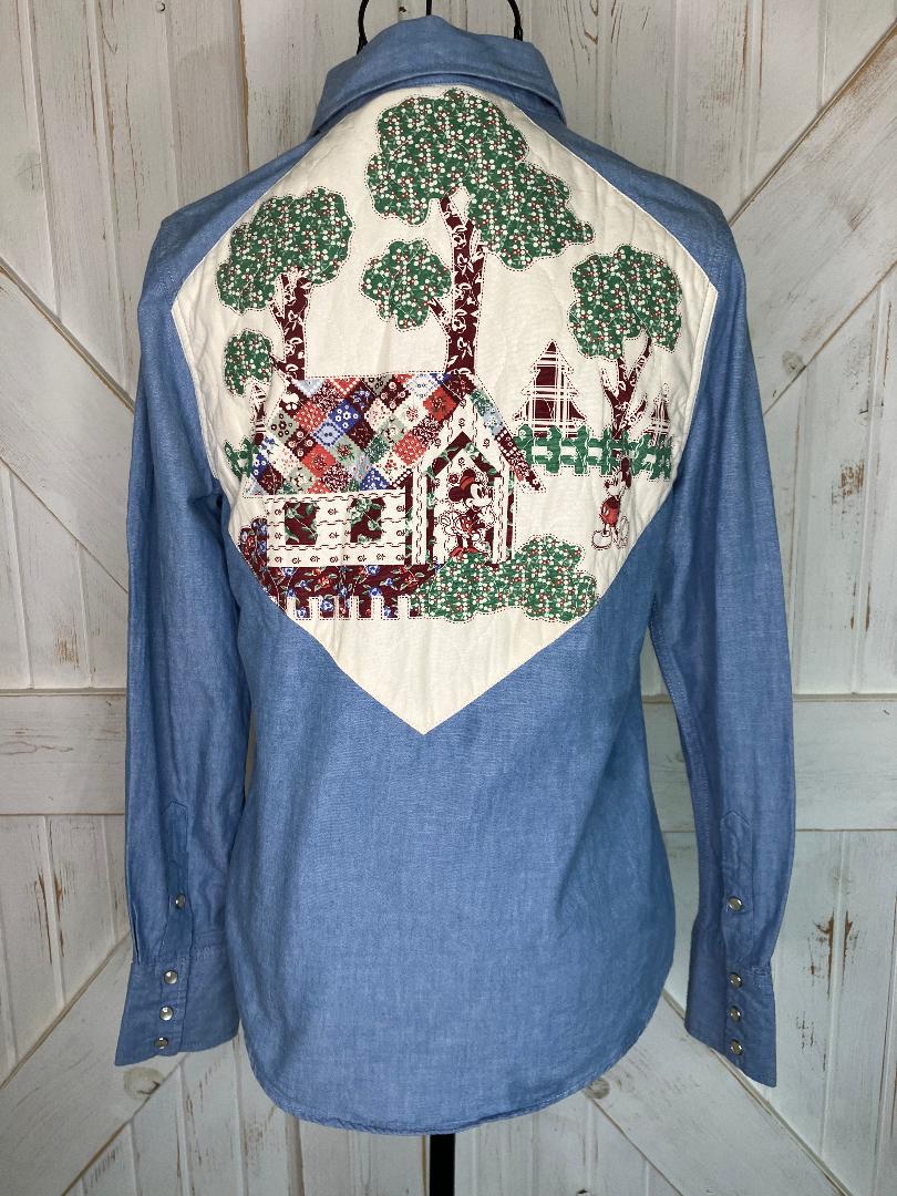 Y2K Vintage Beams Boy Japan x Walt Disney Chambray Denim Western Patchwork Mickey Minnie Mouse Pearl Snap Blouse Top
