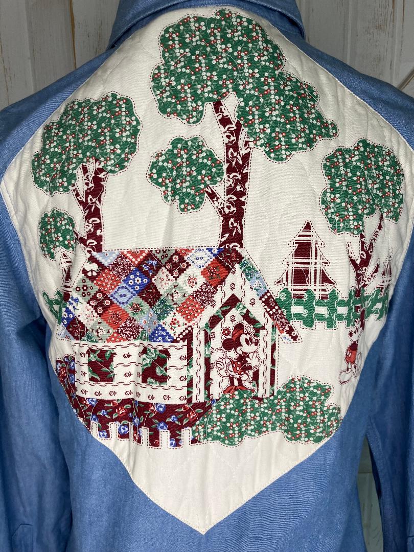 Y2K Vintage Beams Boy Japan x Walt Disney Chambray Denim Western Patchwork Mickey Minnie Mouse Pearl Snap Blouse Top