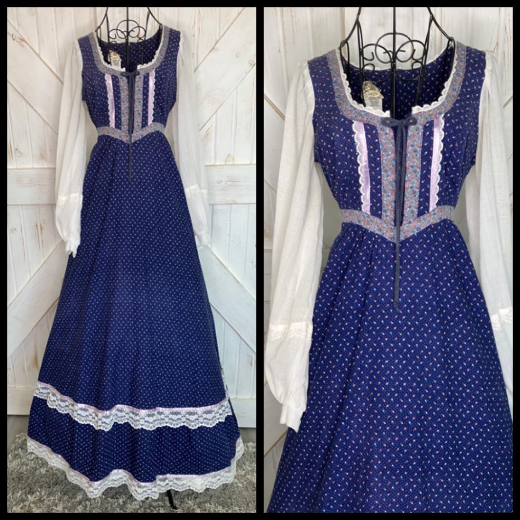 70's Vintage Gunne Sax Blue Pink Calico White Peasant Sleeve Prairie Maxi Dress 9 *FLAWS
