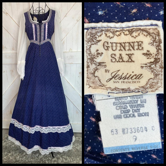 70's Vintage Gunne Sax Blue Pink Calico White Peasant Sleeve Prairie Maxi Dress 9 *FLAWS