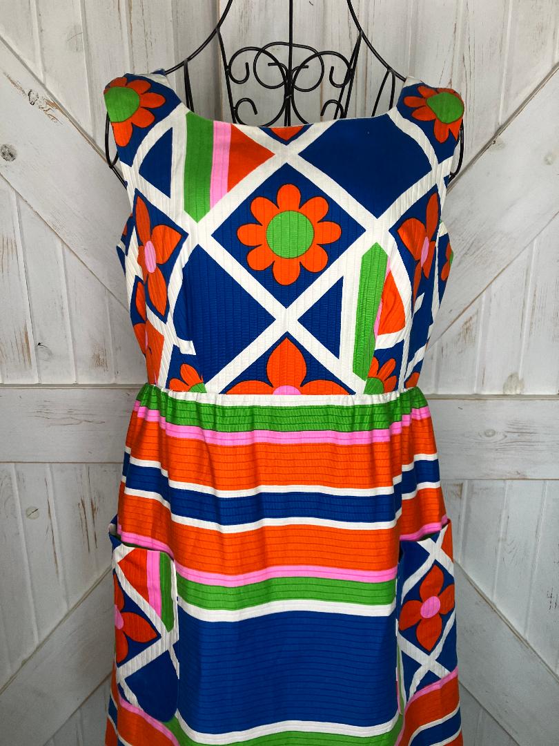 70's Vintage Malia Honolulu Blue Neon Green Orange Flower Power Hawaiian Stripe Sundress Mini Dress