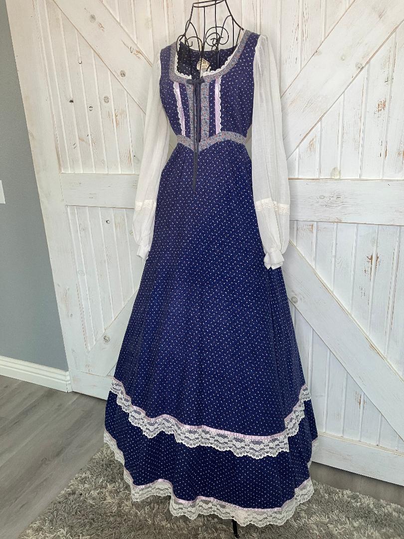 70's Vintage Gunne Sax Blue Pink Calico White Peasant Sleeve Prairie Maxi Dress 9 *FLAWS
