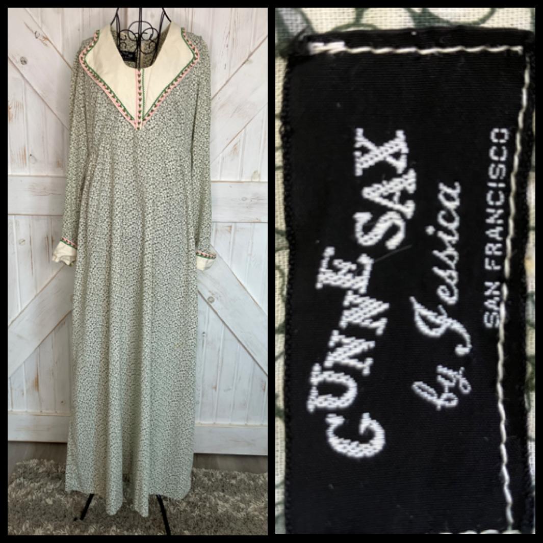 70's Vintage Gunne Sax Black Label Green Apples Novelty Print Prairie Renaissance Maxi Dress