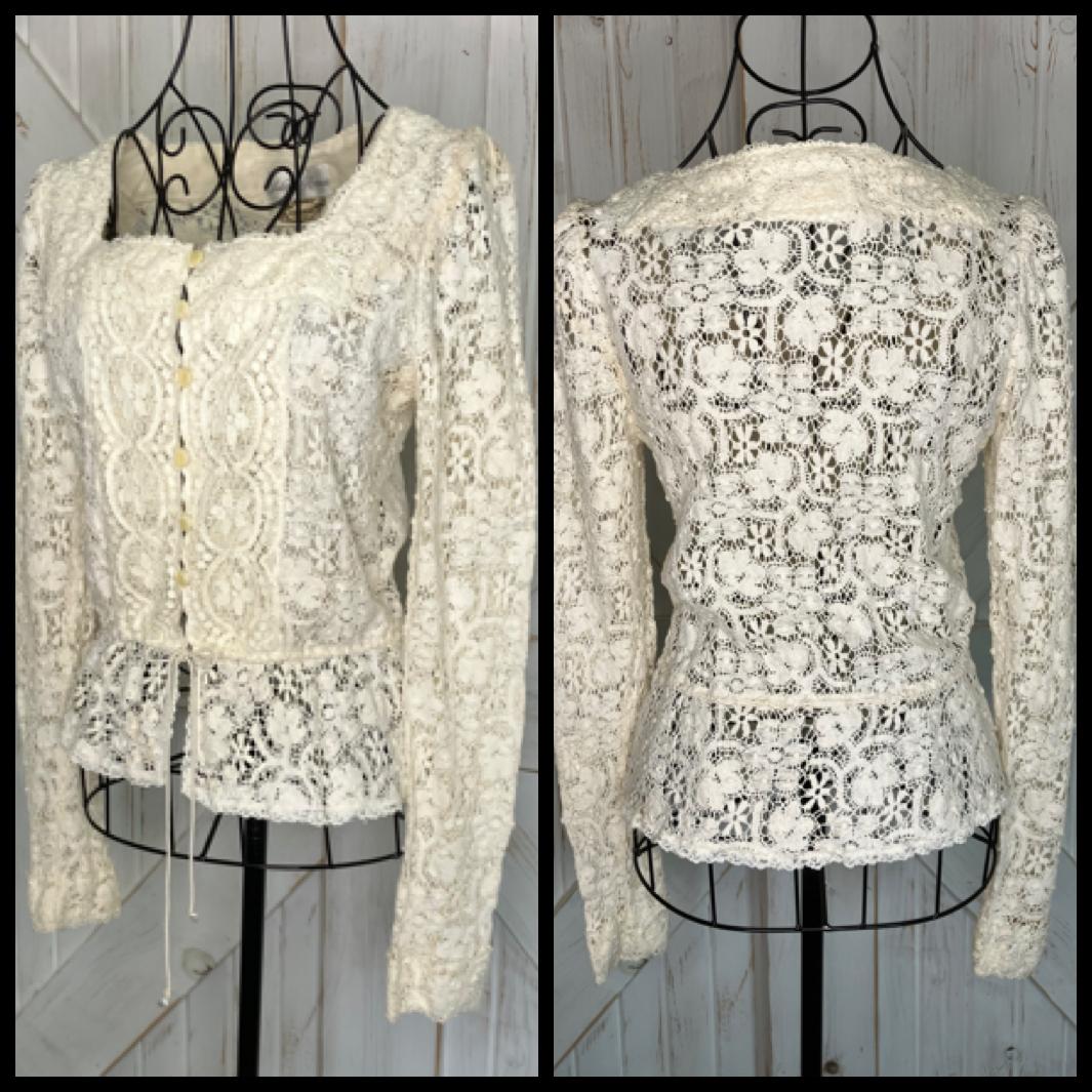 70's Vintage Gunne Sax Saks Fifth Ave Ivory Lace Peplum Prairie Blouse Top