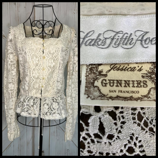 70's Vintage Gunne Sax Saks Fifth Ave Ivory Lace Peplum Prairie Blouse Top