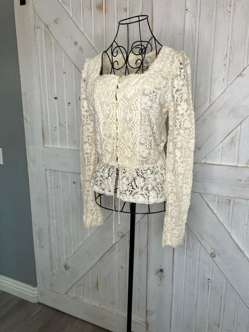 70's Vintage Gunne Sax Saks Fifth Ave Ivory Lace Peplum Prairie Blouse Top