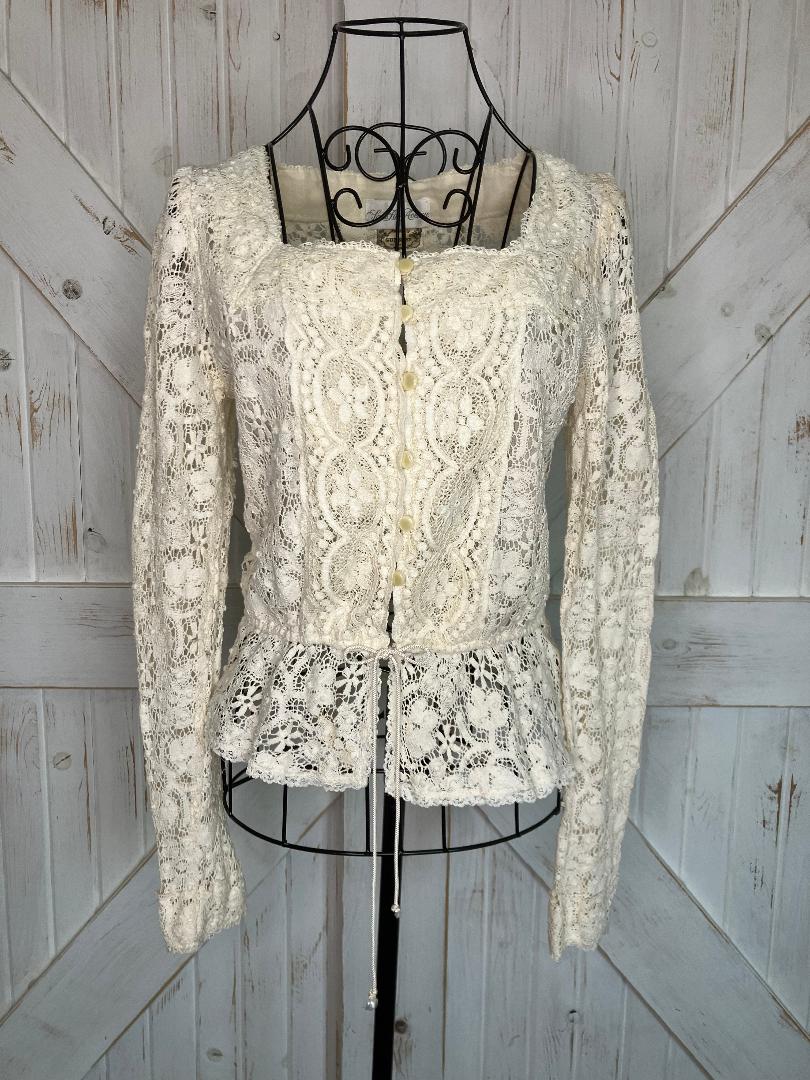70's Vintage Gunne Sax Saks Fifth Ave Ivory Lace Peplum Prairie Blouse Top